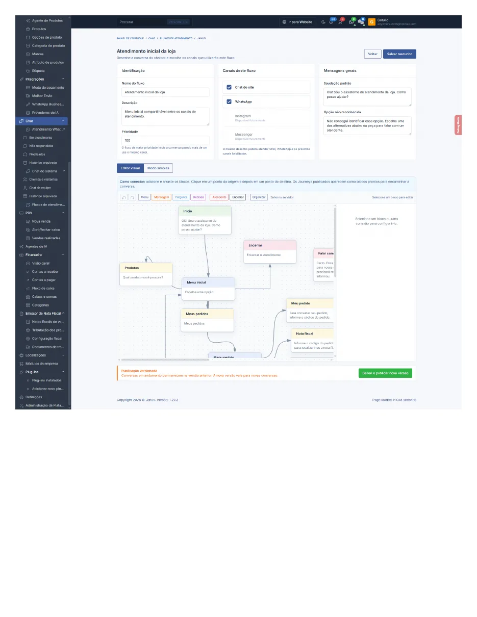 Tela real do construtor visual de chatbots do Janus